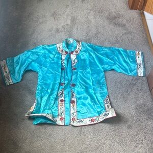 Silver Lake Turquoise Blue Embroidered Satin Kimono Jacket SIZE L
